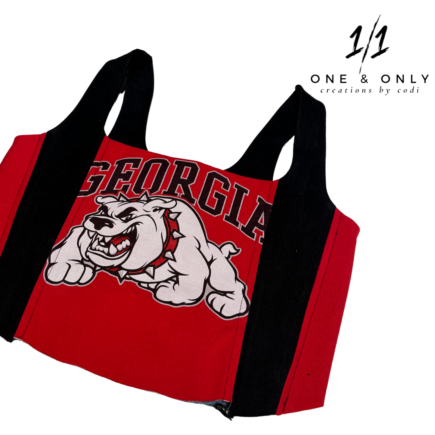One-of-a-Kind Georgia Bulldogs Corset – Recycled T-Shirt and Denim, Size Small/Medium