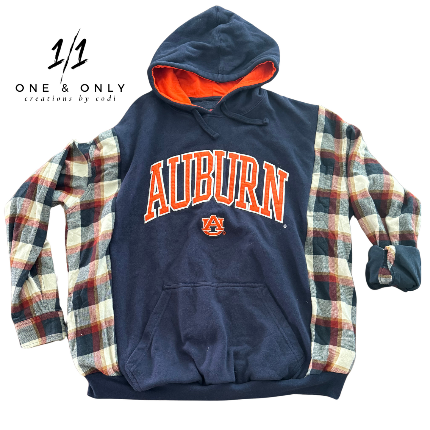 Upcycled Auburn Flannel Sleeve Mashup Hoodie - Size XL, One of a Kind