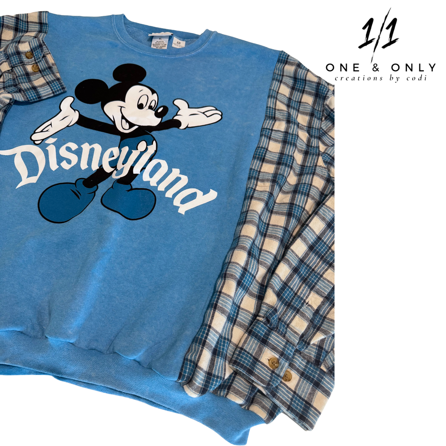 Blue Disneyland Crewneck with Flannel Sleeves - Size XLarge