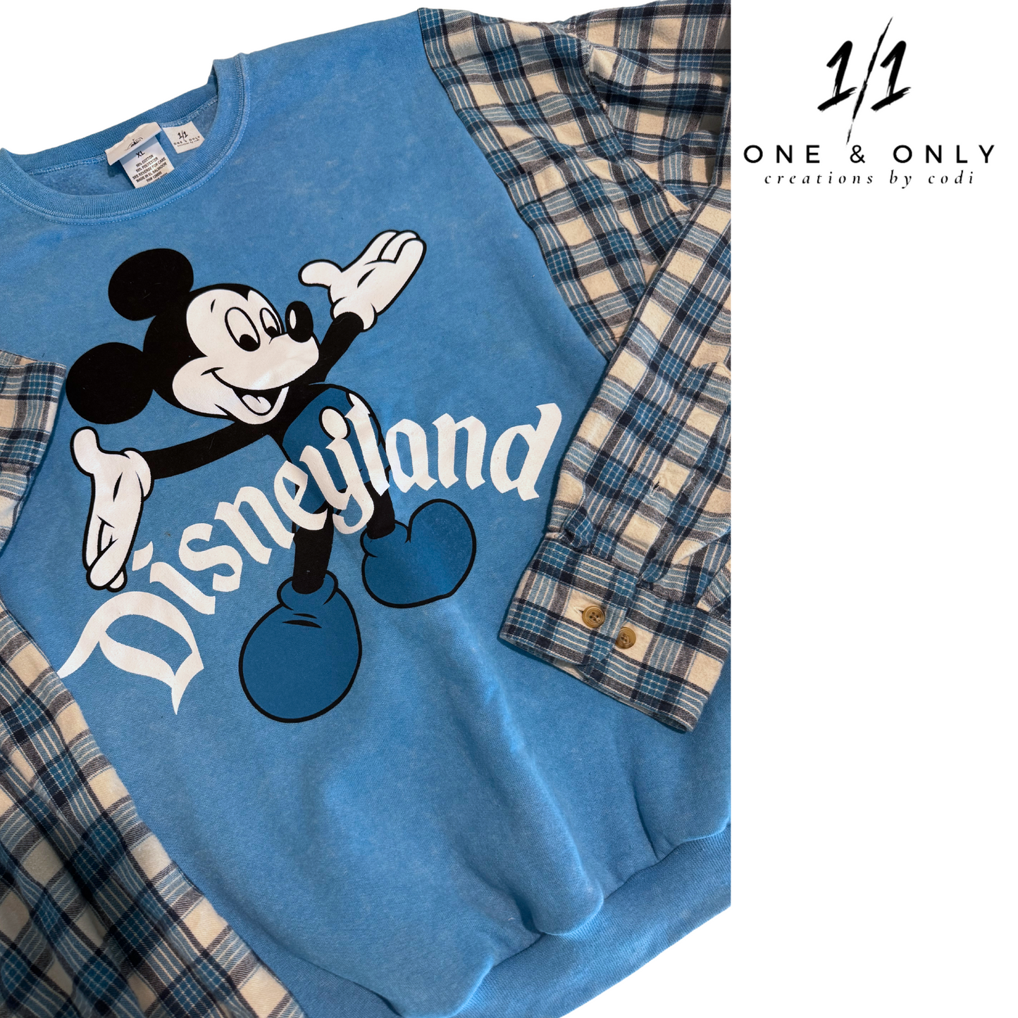 Blue Disneyland Crewneck with Flannel Sleeves - Size XLarge