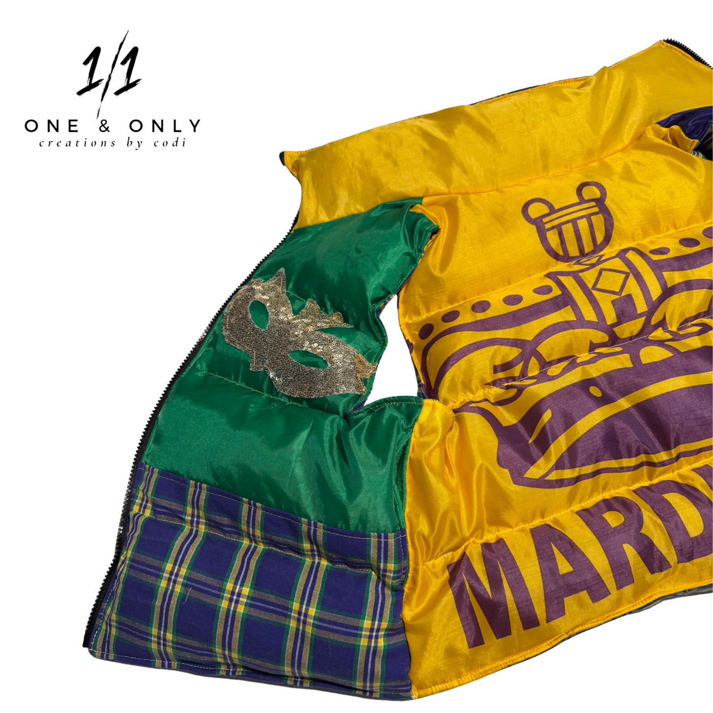 Custom Mardi Gras Puffer Vest – Size Medium