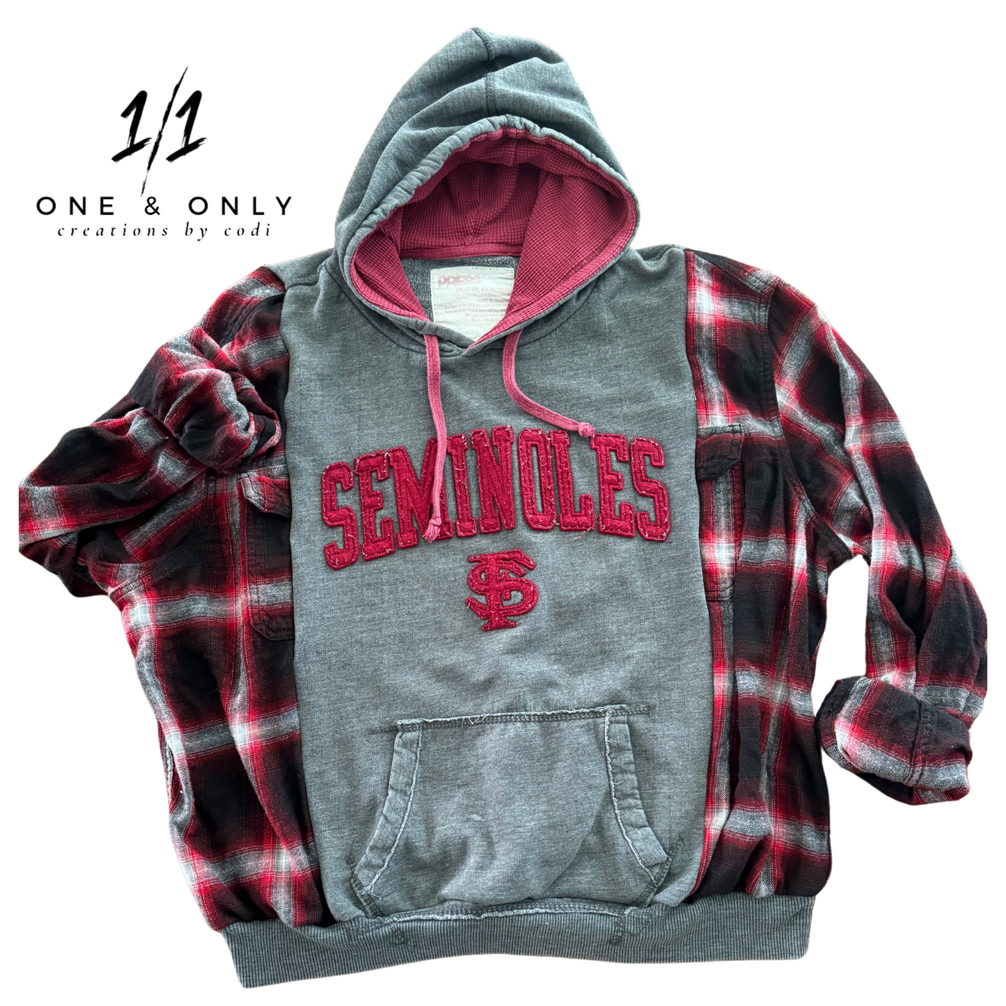 Upcycled FSU Seminoles Flannel Sleeve Mashup Hoodie - Size L, One of a Kind