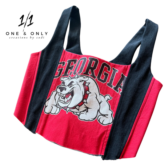 One-of-a-Kind Georgia Bulldogs Corset – Recycled T-Shirt and Denim, Size Small/Medium