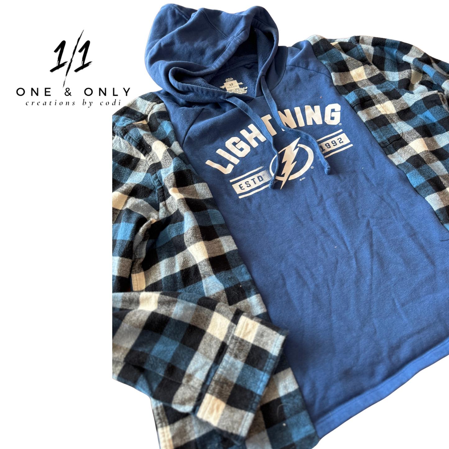 Upcycled Tampa Bay Lightning Hoodie with Flannel Sleeves - Women’s Size Large