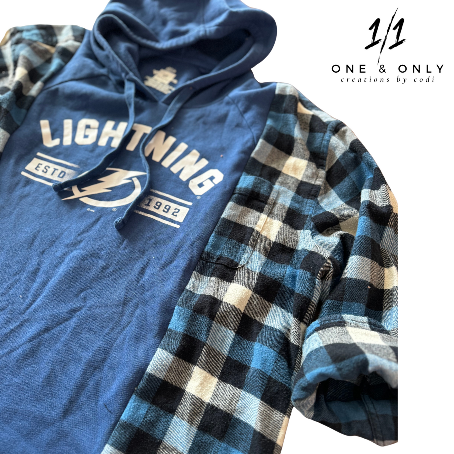 Upcycled Tampa Bay Lightning Hoodie with Flannel Sleeves - Women’s Size Large