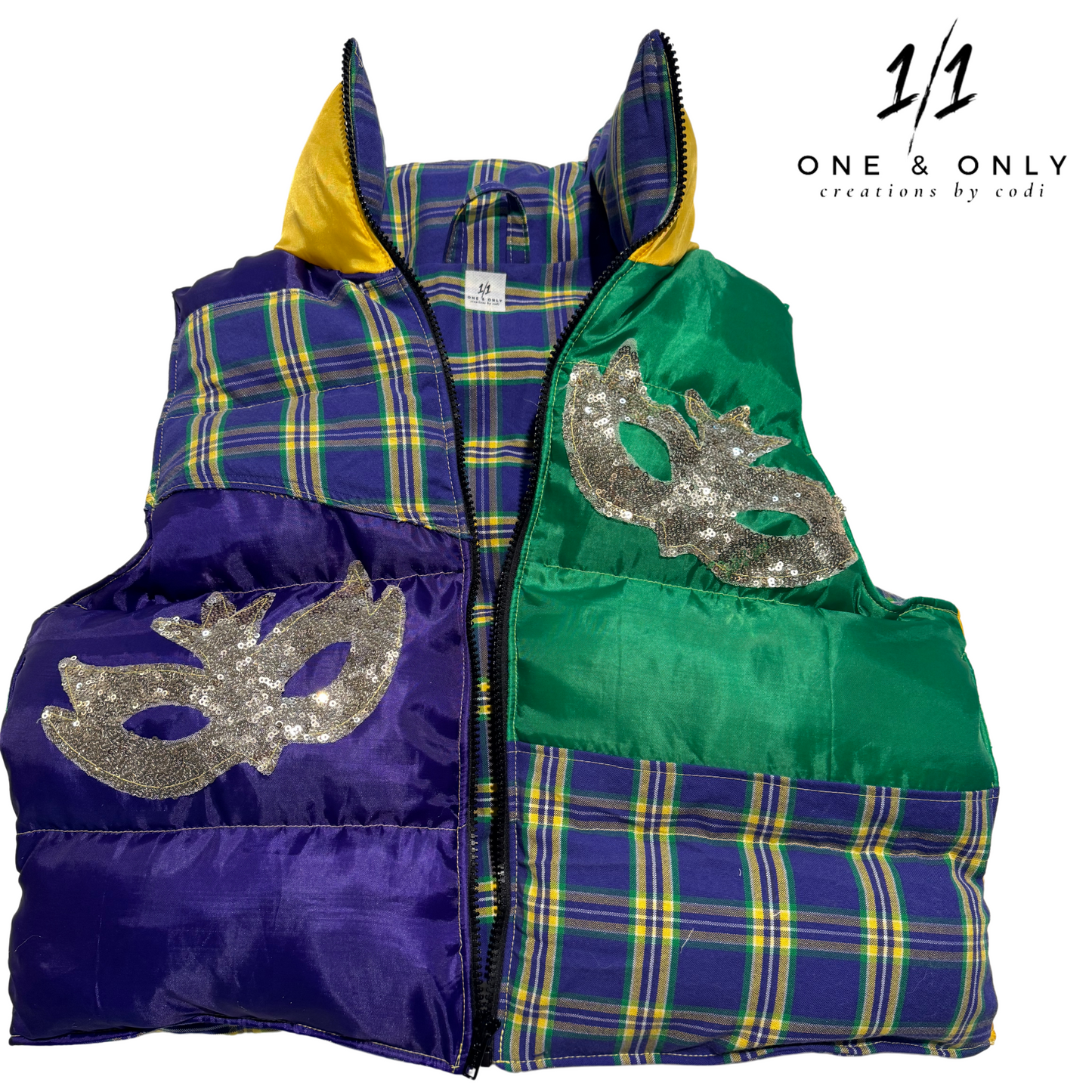 Custom Mardi Gras Puffer Vest – Size Medium